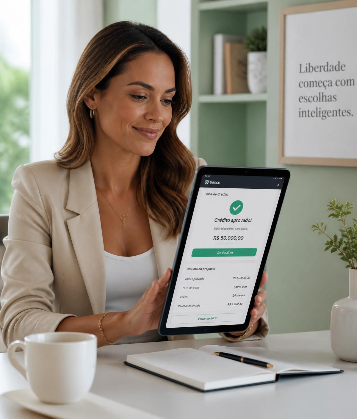 Mulher profissional comemorando aprovação de crédito após consultoria de rating bancário