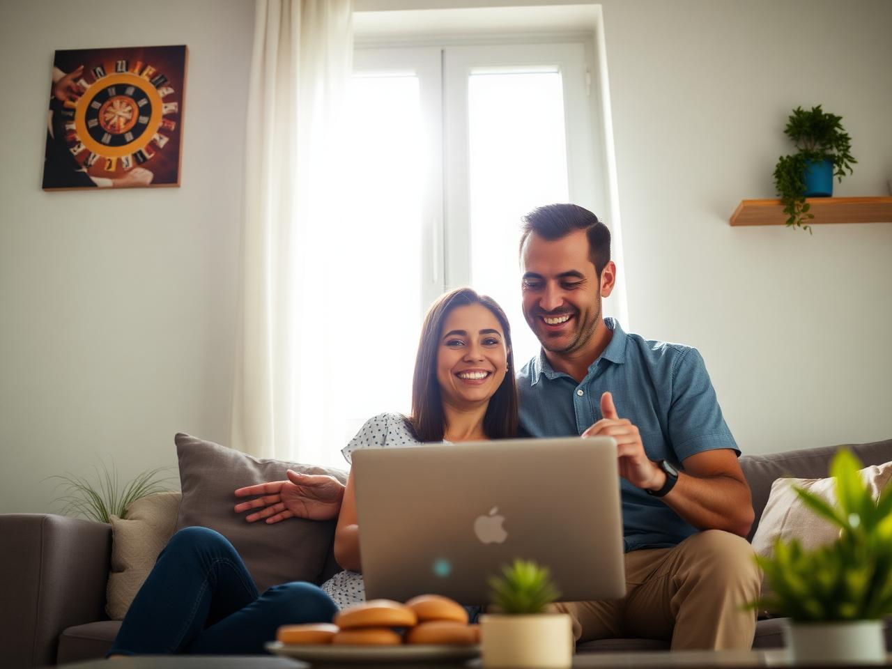 Casal feliz visualizando o relatório de rating